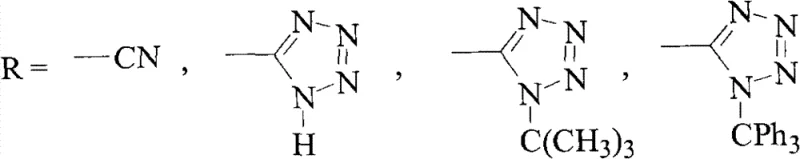 Chemical structures of R groups including cyano and tetrazole derivatives used in Sartan synthesis