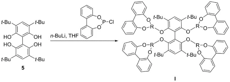 Final phosphitylation step coupling the tetrahydroxy biphenyl with chlorophosphite to form the target ligand