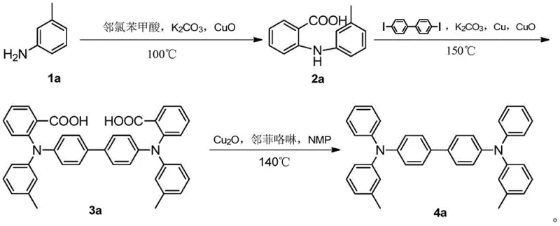 Complete synthetic route for biphenyl triarylamine showing Ullmann coupling and decarboxylation steps