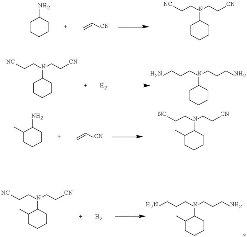 Reaction scheme for bis-aminopropyl alicyclic tertiary amine synthesis via nitrile ethylation and hydrogenation