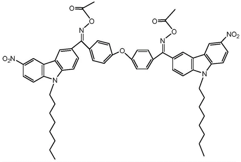 Chemical structure of bis-carbazole-containing benzophenone oxime acetate showing the symmetric dual-carbazole architecture
