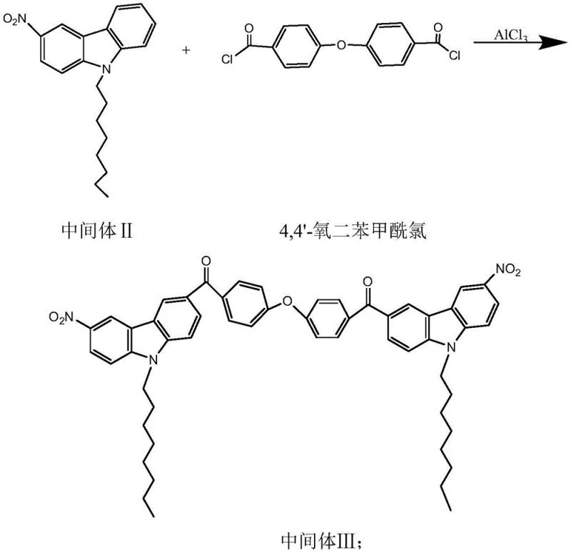 Friedel-Crafts acylation reaction scheme showing the coupling of Intermediate II with 4,4-oxydibenzoyl chloride