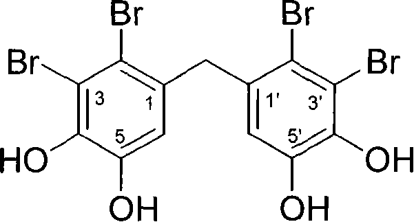 Chemical structure of Bis-(2,3-dibromo-4,5-dihydroxy-phenyl)-methane showing the dibromo and dihydroxy substitution pattern on the benzene rings