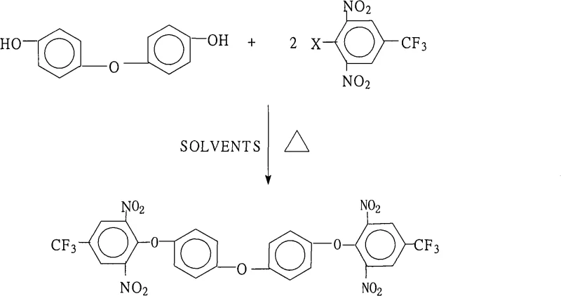 Reaction scheme showing the synthesis of 4,4'-bis(2,6-dinitro-4-trifluoromethylphenoxy)diphenyl ether via nucleophilic substitution