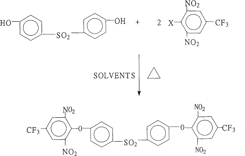 Reaction scheme showing the synthesis of 4,4'-bis(2,6-dinitro-4-trifluoromethylphenoxy)diphenylsulfone from 4,4'-dihydroxydiphenyl sulfone and 2,6-dinitro-4-trifluoromethyl halobenzene