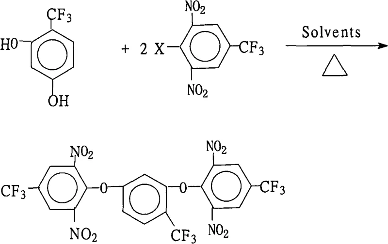 Reaction scheme showing the nucleophilic substitution between 2,4-dihydroxybenzotrifluoride and 2,6-dinitro-4-trifluoromethyl halobenzene to form the bis-ether product