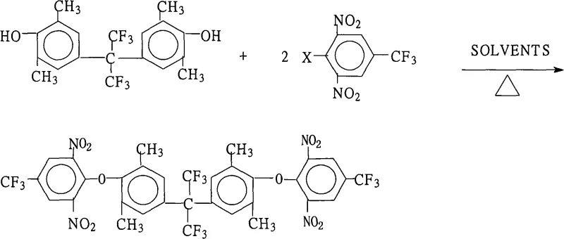 Reaction scheme for 2,2-bis[4-(2,6-dinitro-4-trifluoromethylphenoxy)-3,5-dimethylphenyl]hexafluoropropane synthesis