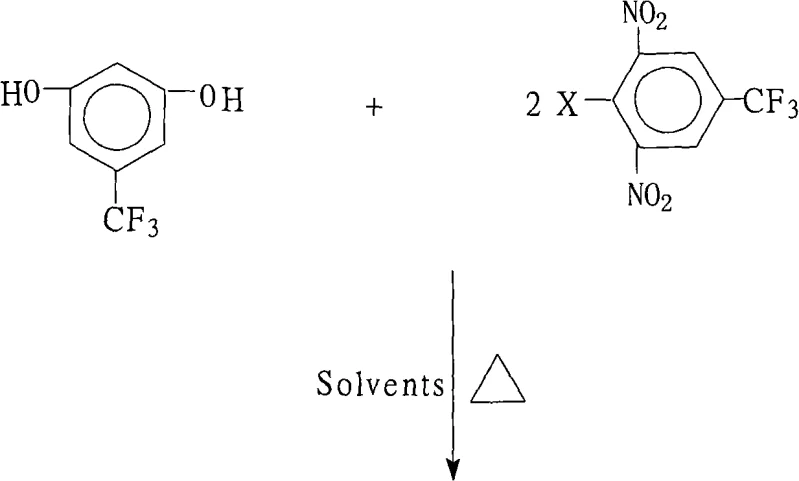 Chemical reaction scheme showing the nucleophilic aromatic substitution between 3,5-dihydroxybenzotrifluoride and 2,6-dinitro-4-trifluoromethyl halobenzene to form the target ether