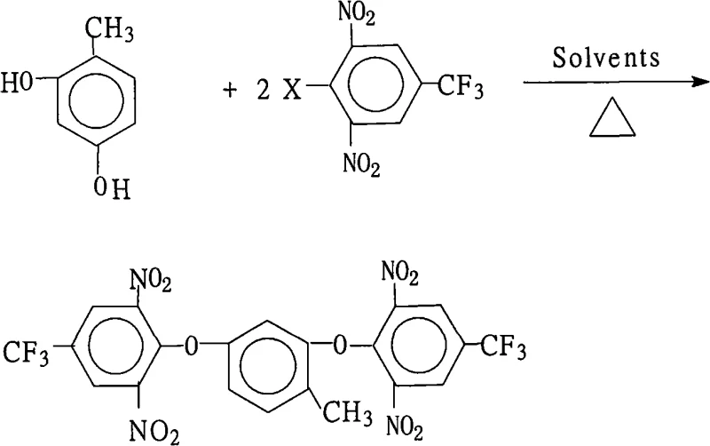 Reaction scheme for the synthesis of 2,4-bis(2,6-dinitro-4-trifluoromethylphenoxy)toluene via nucleophilic aromatic substitution