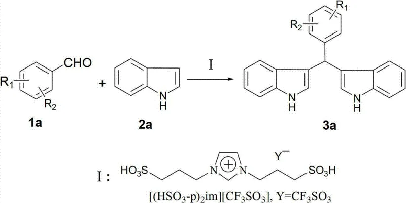 General reaction scheme for synthesizing bis-indolylmethane derivatives using ionic liquid catalyst