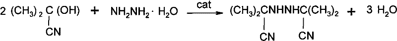 Chemical reaction equation showing the condensation of two moles of acetone cyanohydrin with hydrazine hydrate to form bis-isobutyronitrile hydrazine and water
