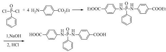 Reaction scheme showing the synthesis of bis-(p-carboxyanilino) phenylphosphine oxide via diester intermediate