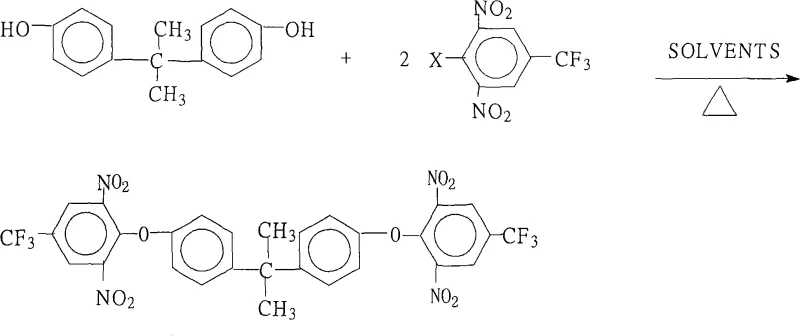Reaction scheme showing the nucleophilic substitution between Bisphenol A and dinitro-trifluoromethyl halobenzene to form the polyimide intermediate