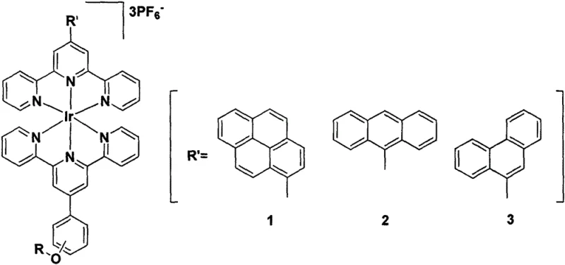 General chemical structure of bis-terpyridyl iridium (III) complexes showing variable R groups for tunability