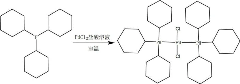 Chemical reaction scheme showing the synthesis of bis(tricyclohexylphosphine) palladium dichloride from tricyclohexylphosphine and PdCl2 in HCl solution