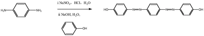 Reaction scheme showing diazotization of p-phenylenediamine followed by coupling with phenol to form bisazo bisphenol
