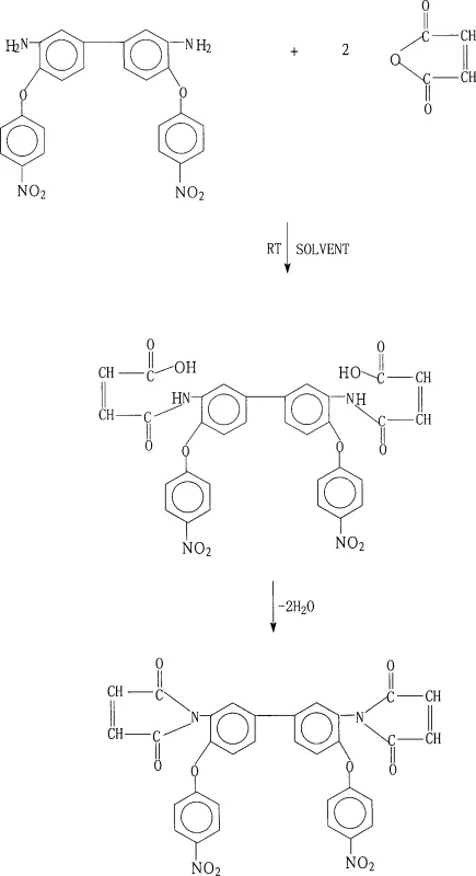 Reaction scheme for synthesizing 3,3'-bismaleimido-4,4'-bis(4-nitrophenoxy)biphenyl via maleic anhydride addition and cyclization