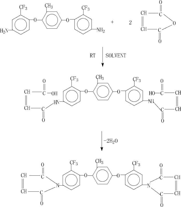 Reaction scheme showing the two-step synthesis from diamine and maleic anhydride to the amic acid intermediate and finally to the bismaleimide product via dehydration