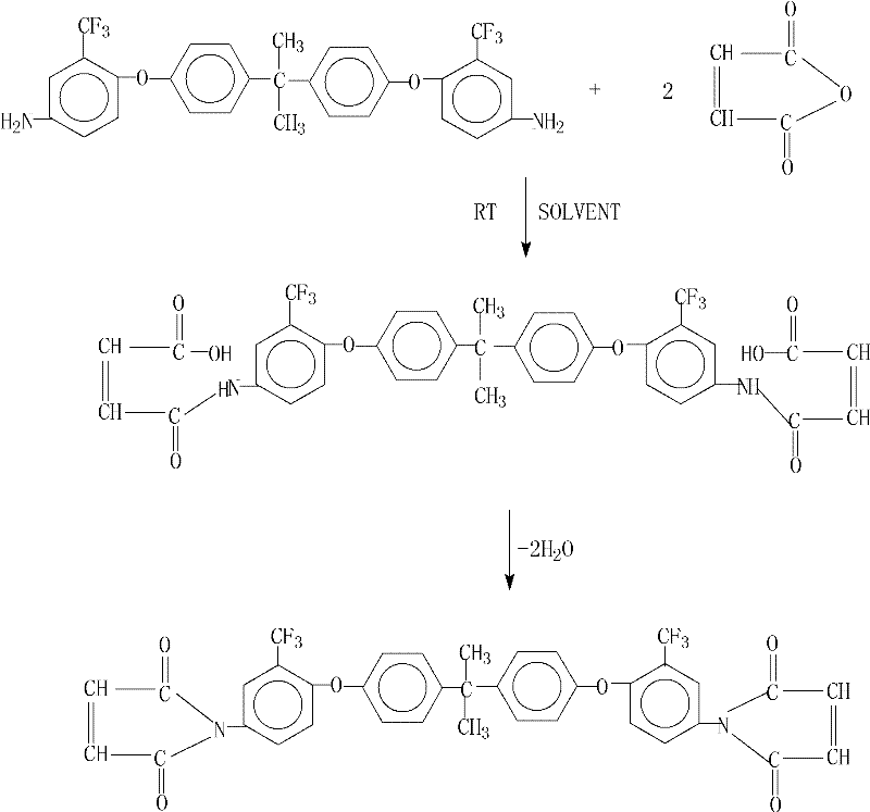 Reaction scheme showing the two-step synthesis of bismaleimide resin via amidation and dehydrative cyclization