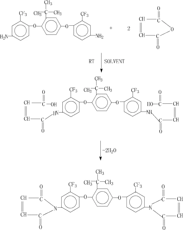 Reaction scheme showing the two-step synthesis of fluorinated bismaleimide from diamine and maleic anhydride