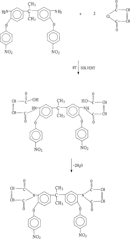 Reaction scheme showing the two-step synthesis of 2,2-bis[3-maleimido-4-(4-nitrophenoxy)phenyl]propane from diamine and maleic anhydride