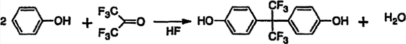 Reaction scheme showing the condensation of two phenol molecules with hexafluoroacetone catalyzed by HF to form Bisphenol AF and water