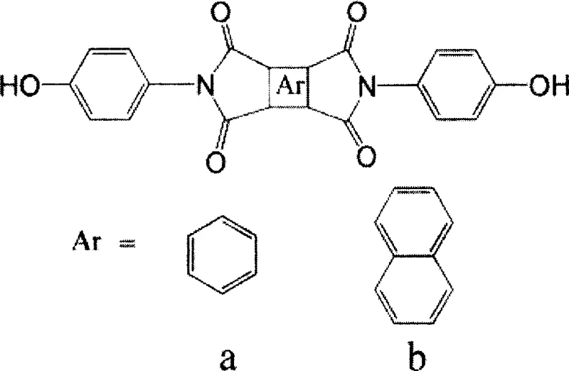 General chemical structure of bisphenol imide monomers showing benzene and naphthalene variants