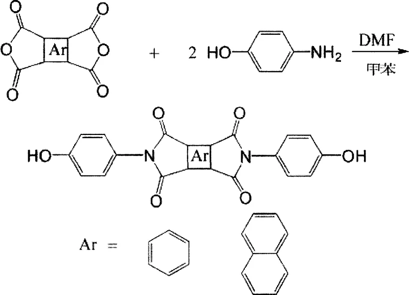 General reaction scheme showing dianhydride and p-aminophenol condensation to form bisphenol imide