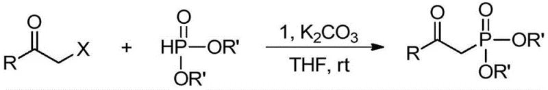 General reaction scheme for the catalytic synthesis of beta-carbonylphosphine oxides using the copper complex