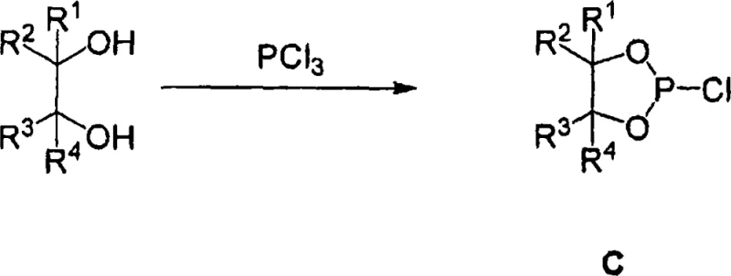 Synthesis reaction scheme showing the formation of monohalophosphite intermediate from tetraaryl glycol and PCl3