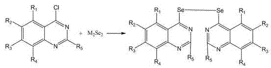 Reaction scheme showing synthesis of bisquinazoline diselenide from 4-chloroquinazoline and M2Se2