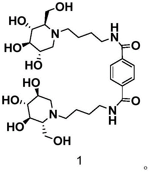 Chemical structure of the bivalent DNJ derivative showing the terephthaloyl linker and hydroxyl groups