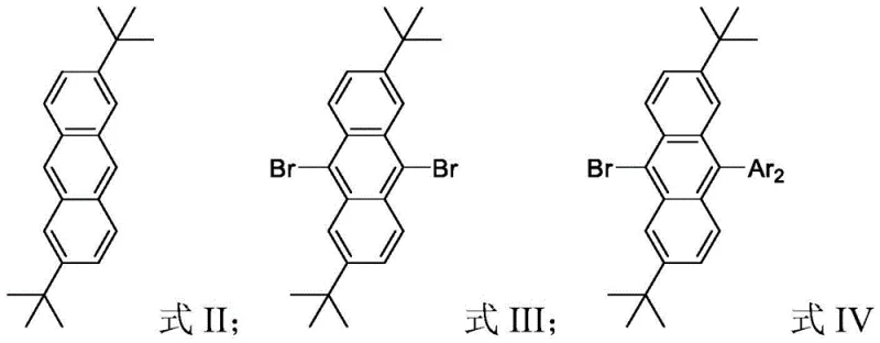 Synthetic route showing conversion of anthracene to 2,6-di-tert-butylanthracene intermediates via alkylation and bromination
