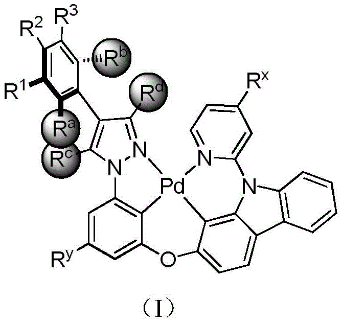 General structure of tetradentate ring metal palladium complex containing 4-aryl-3,5-disubstituted pyrazole