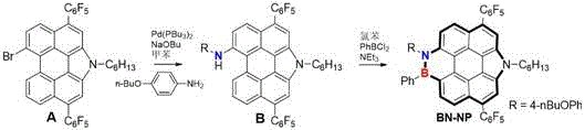 Reaction scheme showing the two-step synthesis of BN-NP from Compound A via Pd-catalyzed C-N coupling and electrophilic borylation