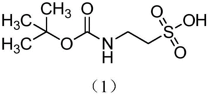 Chemical structure of 2-((tert-butoxycarbonyl)amino)ethyl-1-sulfonic acid showing the Boc-protected amine and sulfonic acid group