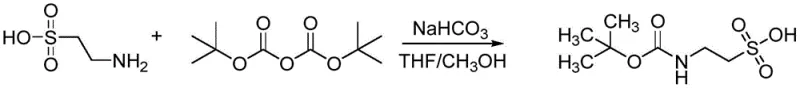 Reaction scheme showing the synthesis of Boc-Taurine from Taurine and Boc Anhydride using NaHCO3