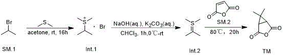 Reaction scheme showing the three-step synthesis from 2-bromopropane to the antiviral intermediate via a sulfur ylide mechanism