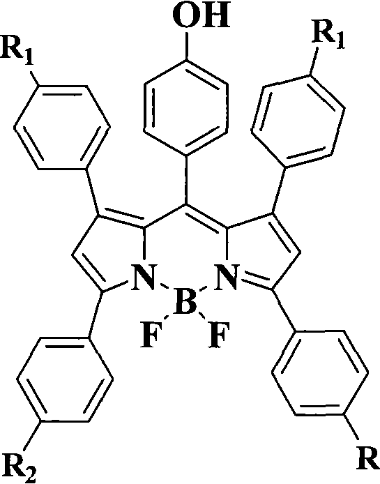 General chemical structure of the novel BODIPY dye featuring a central phenolic hydroxyl group and variable R1/R2 substituents
