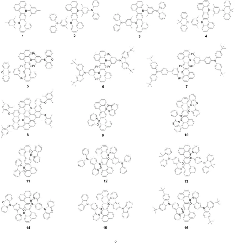 Chemical structures of Bora Z-type acene derivatives 1-16 showing diverse substituents