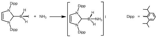 Reaction scheme showing the synthesis of [IPr-BH2-NH3]I from IPr-BH2I and ammonia