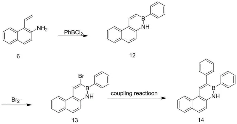 Synthetic route for borazaphenanthrene derivatives involving bromination and secondary Suzuki coupling