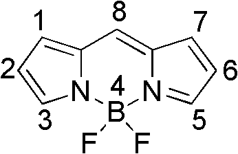 General chemical structure of novel long-wavelength boron tripyrrole fluorescent dye showing substitution patterns