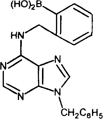 Synthesis reaction scheme of N9-benzyl-N6-(2-boronyl)benzyladenine involving rearrangement steps