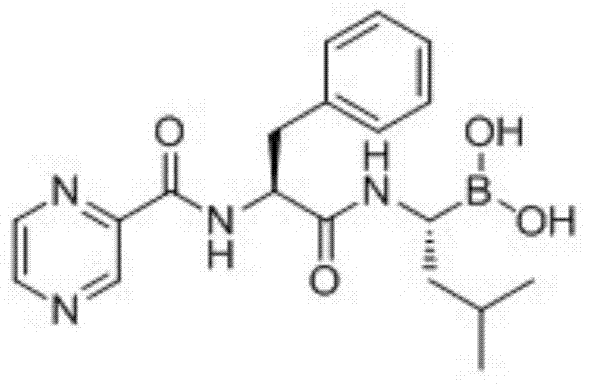 Chemical structure of Bortezomib showing the boronic acid pharmacophore and peptide backbone