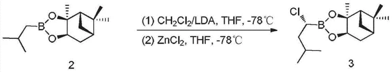 Reaction scheme showing the stereoselective chlorination of the boronate ester using LDA and ZnCl2