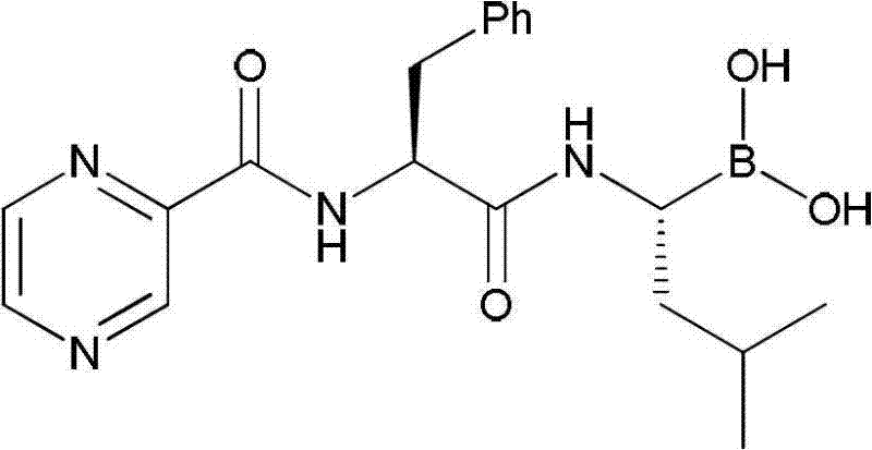 Chemical structure of Bortezomib showing the dipeptidyl boronic acid framework