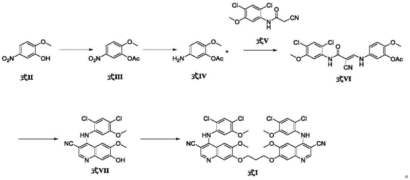 Overall synthetic route for Bosutinib 1,3-propylene diether dimer impurity showing 5 key steps