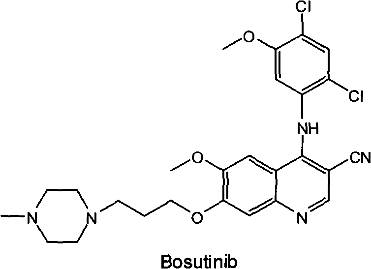 Chemical structure of Bosutinib displaying the 4-anilino-3-quinolinecarbonitrile core with dichloro and methoxy substituents