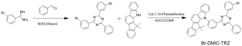 Synthetic reaction scheme showing two-step preparation of Br-DMIC-TRZ from benzaldehyde and carbazole derivatives